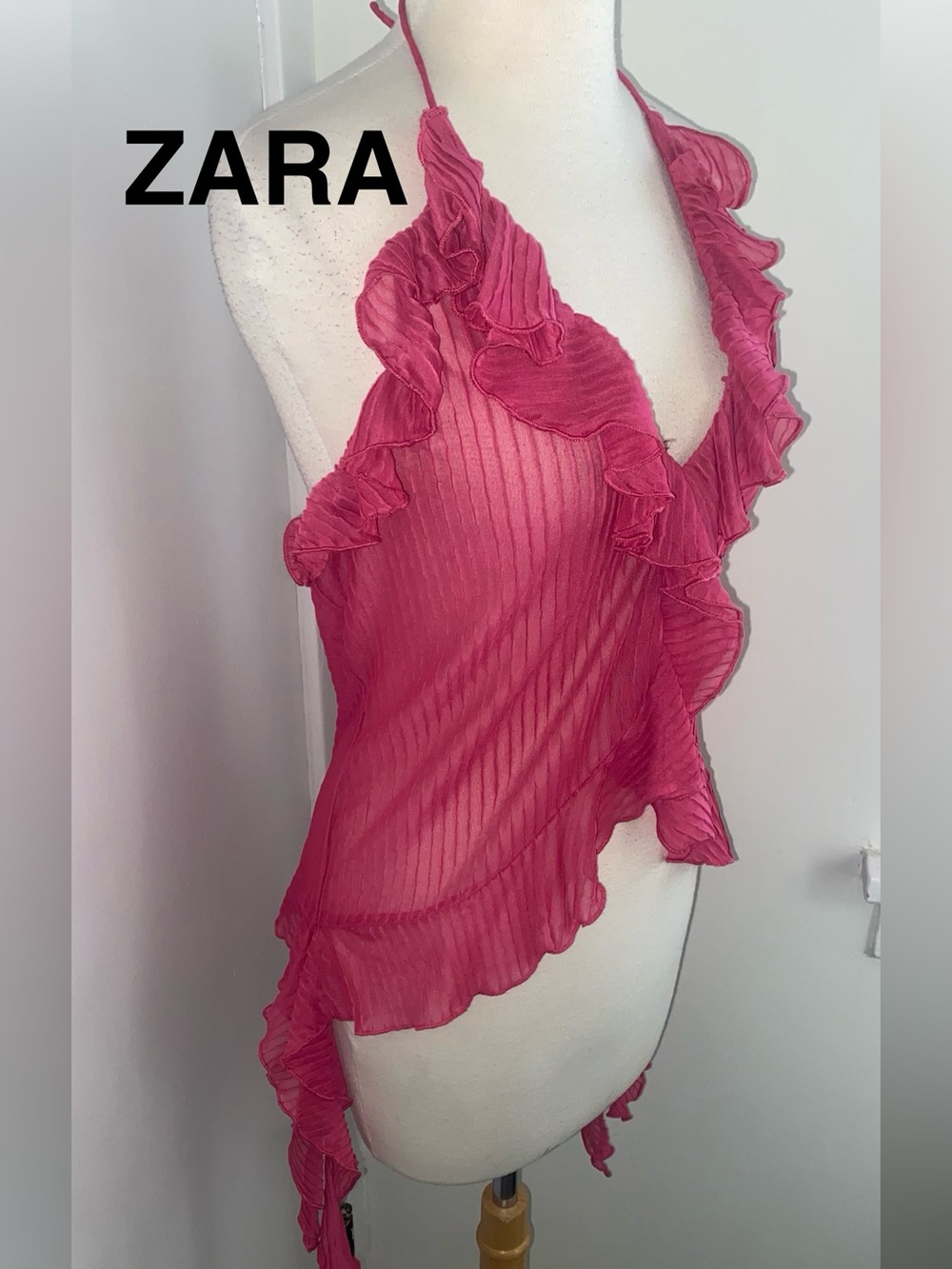 ZARA Rose Pink Ruffled Semi Sheer Halter Camisole Top- Size L - NEW